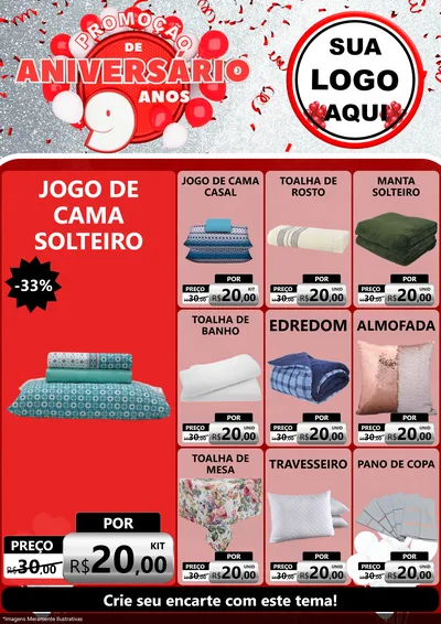 Modelo de Encarte para Encarte A4 Vertical com o tema Promoção de Aniversário - 9 Anos para Cama, Mesa e Banho