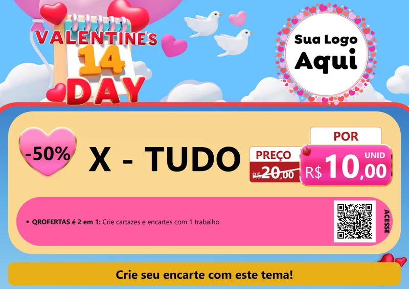 Modelo de Cartaz para Cartaz A4 Horizontal com o tema Valentine's Day para Hamburgueria