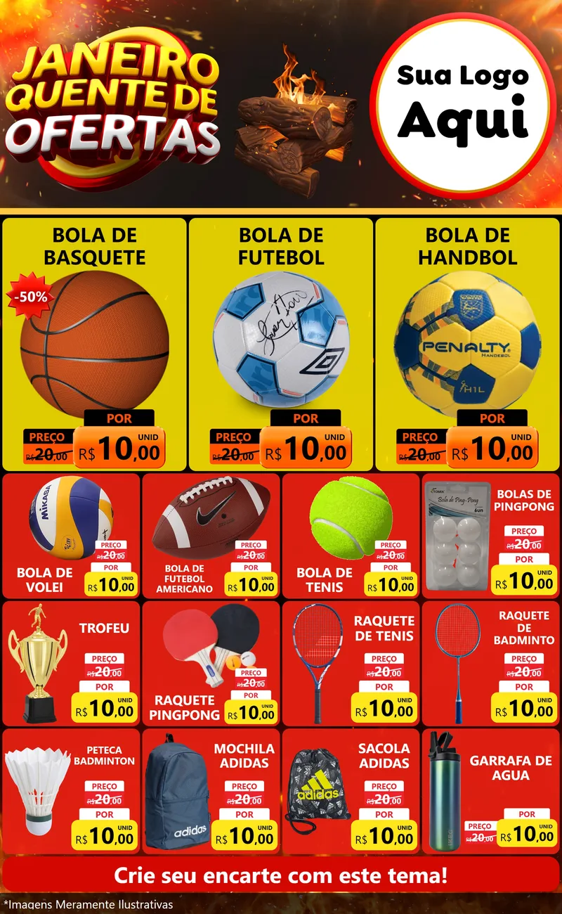 Modelo de Encarte para Encarte Grande com o tema Janeiro Quente de Ofertas para Artigos Esportivos