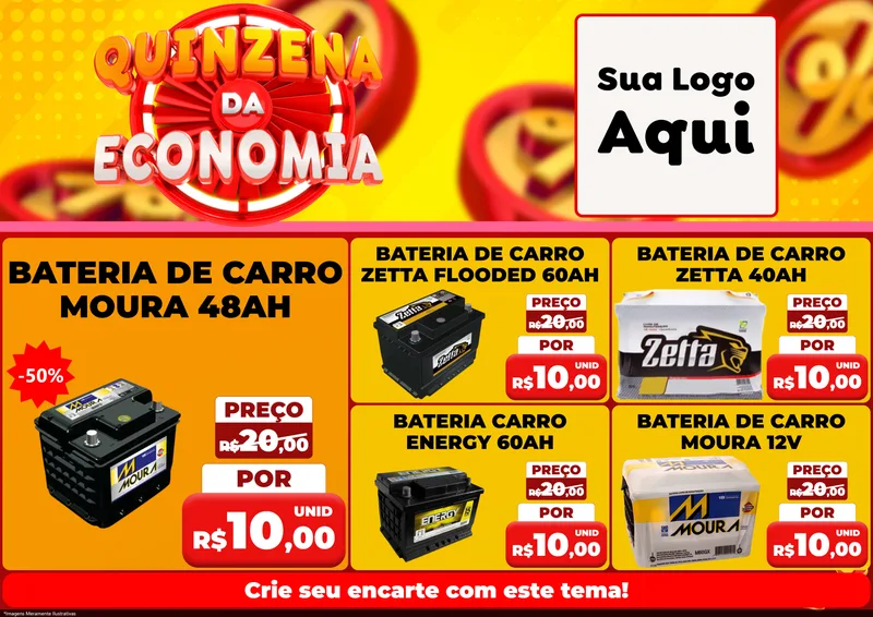 Modelo de Encarte para Encarte A4 Horizontal com o tema Quinzena Da Economia para Baterias Elétricas