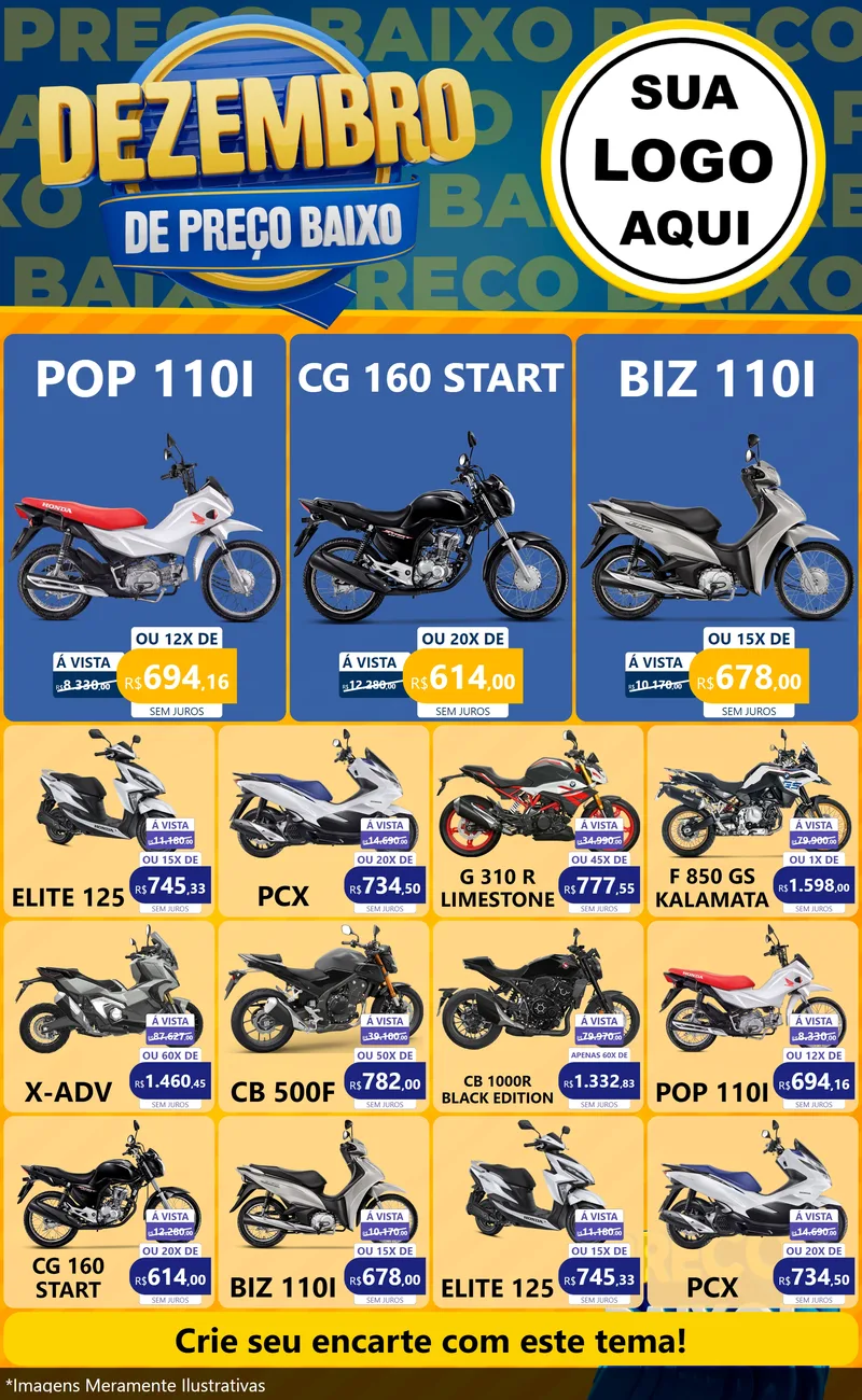 Modelo de Encarte para Encarte Grande com o tema Dezembro de Preço Baixo para Concessionaria de Motos