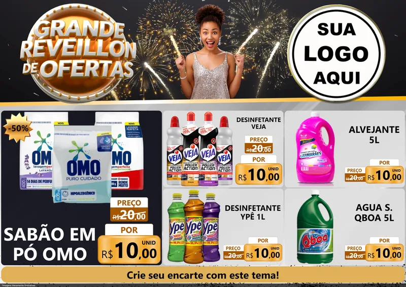 Modelo de Encarte para Encarte A4 Horizontal com o tema Grande Réveillon de Ofertas para Produtos de Limpeza