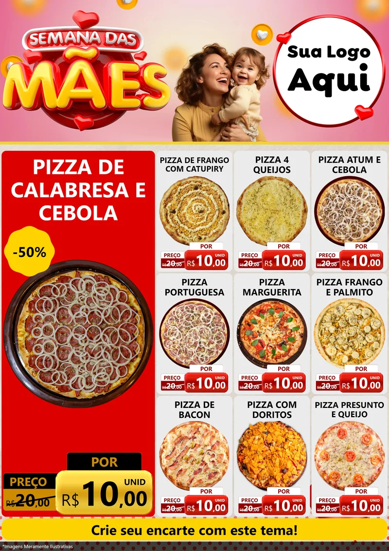 Modelo de Encarte para Encarte A4 Vertical com o tema Semana das Mães para Pizzaria