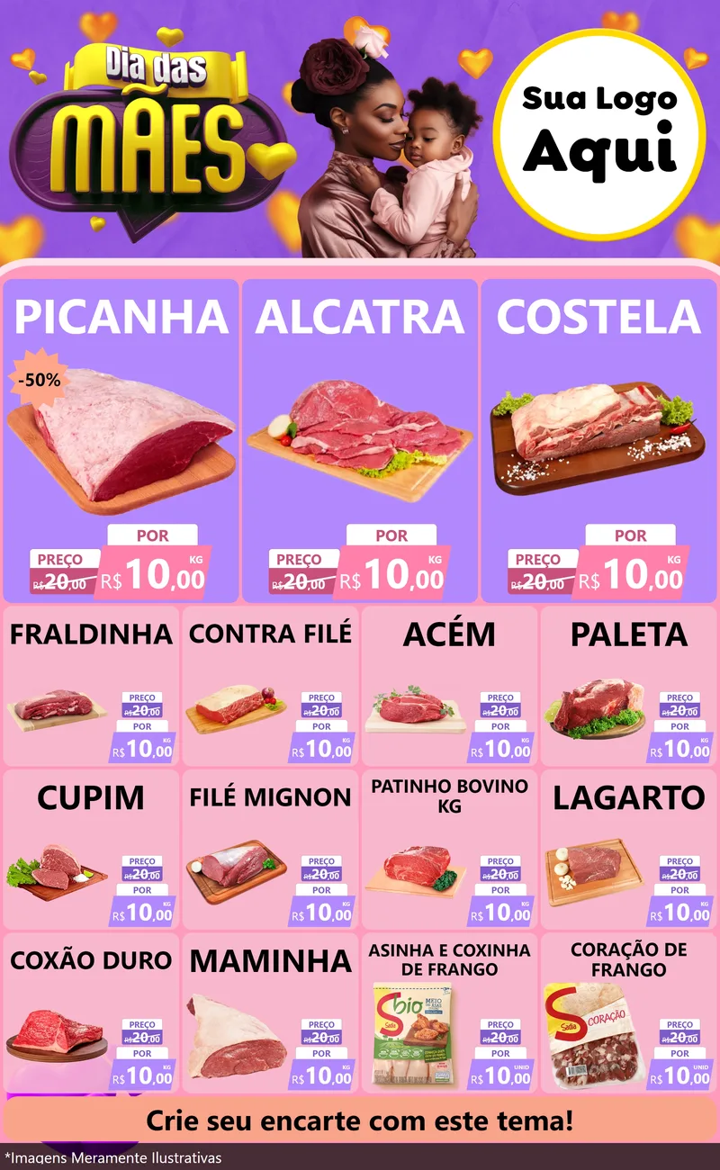 Modelo de Encarte para Encarte Grande com o tema Dia das Mães para Açougue