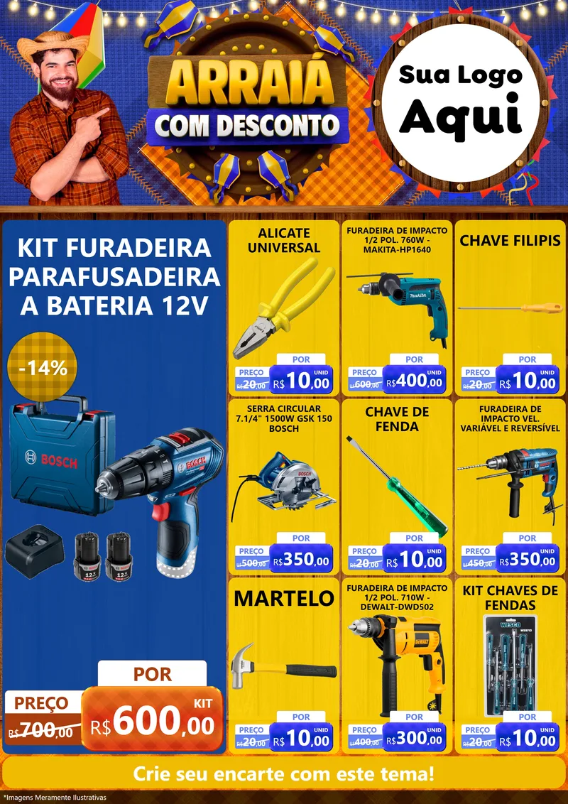 Modelo de Encarte para Encarte A4 Vertical com o tema Arraiá Com Desconto para Maquinas e Ferramentas