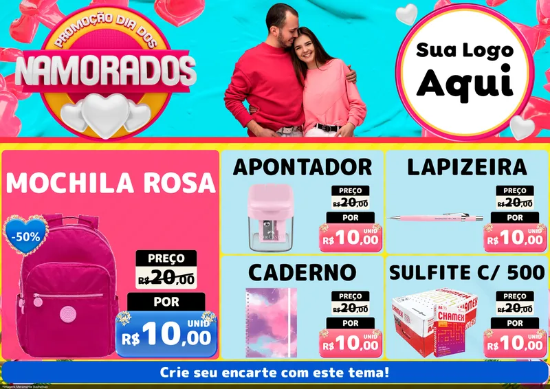 Modelo de Encarte para Encarte A4 Horizontal com o tema Promoção Dia dos Namorados para Papelaria