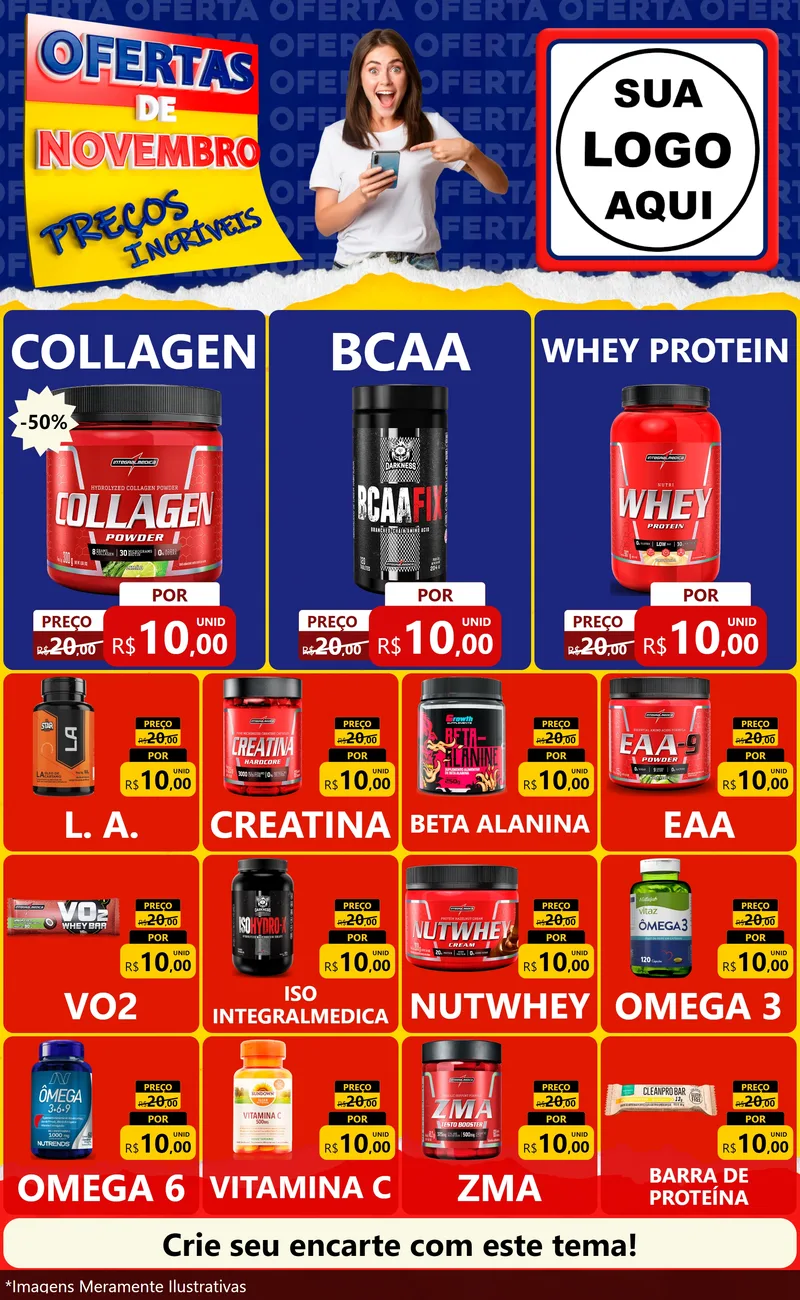Modelo de Encarte para Encarte Grande com o tema Ofertas de Novembro - Preços Incríveis para Suplementos alimentares