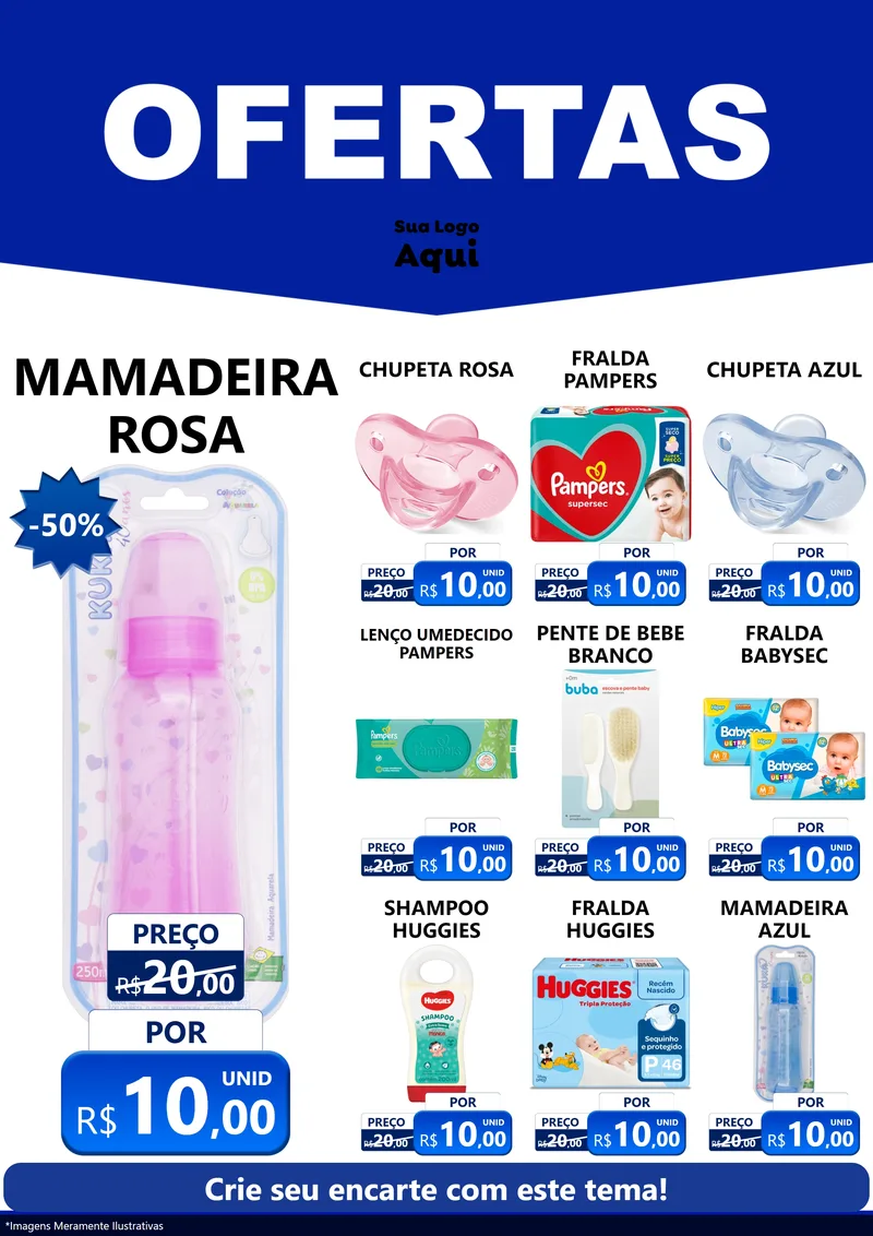 Modelo de Encarte para Encarte A4 Vertical com o tema Ofertas Azul Cartaz para Bebês