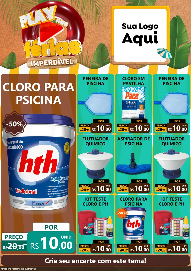 Modelo de Encarte para Encarte A4 Vertical com o tema Play Nas Férias Imperdível para Produtos para Piscina