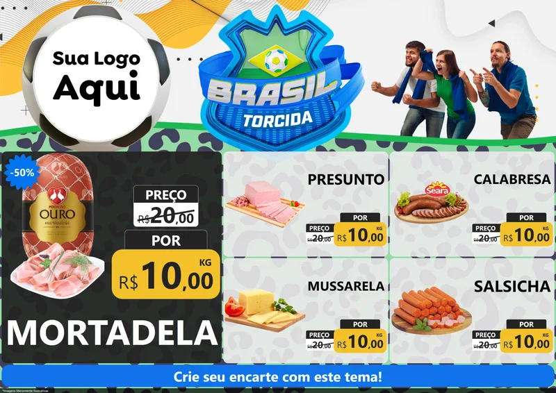 Modelo de Encarte para Encarte A4 Horizontal com o tema Brasil Torcida - Copa para Frios e Laticínios