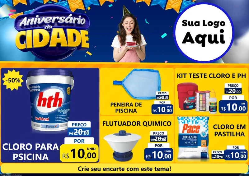 Modelo de Encarte para Encarte A4 Horizontal com o tema Aniversário da Cidade para Produtos para Piscina