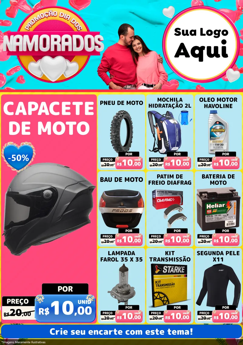 Modelo de Encarte para Encarte A4 Vertical com o tema Promoção Dia dos Namorados para Moto peças