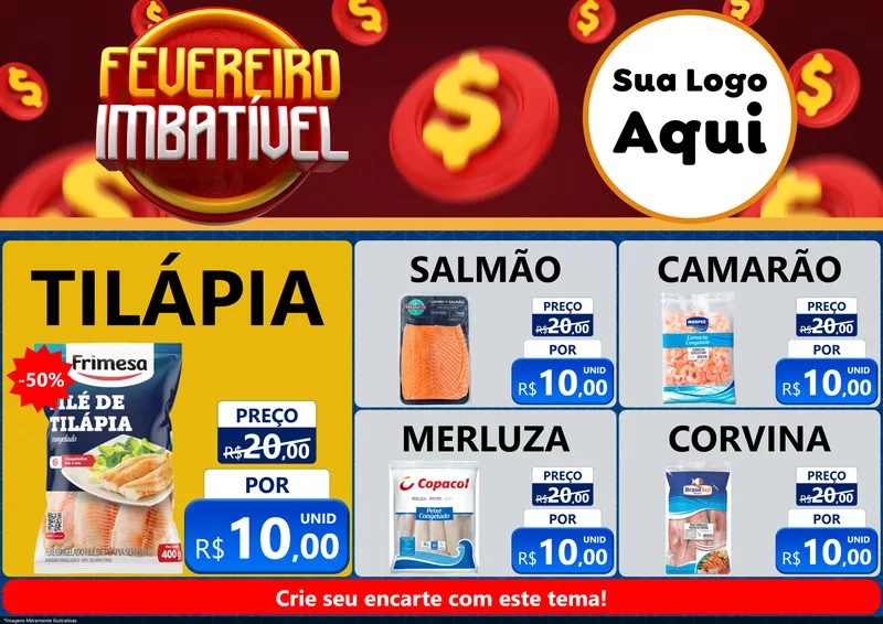 Modelo de Encarte para Encarte A4 Horizontal com o tema Fevereiro Imbatível para Peixaria