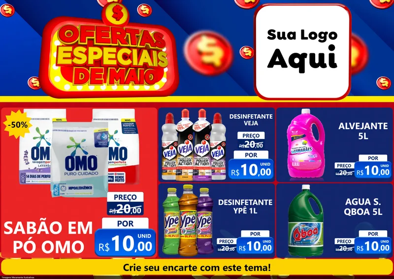 Modelo de Encarte para Encarte A4 Horizontal com o tema Ofertas Especiais de Maio para Produtos de Limpeza
