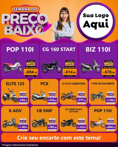 Modelo de Rede Social para Feed Instagram com o tema Semana do Preço Baixo para Concessionaria de Motos
