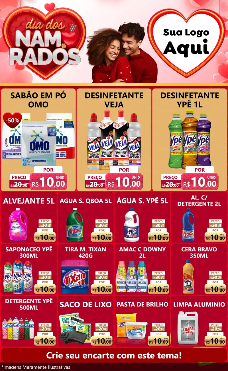 Modelo de Encarte para Encarte Grande com o tema Dia dos Namorados para Produtos de Limpeza