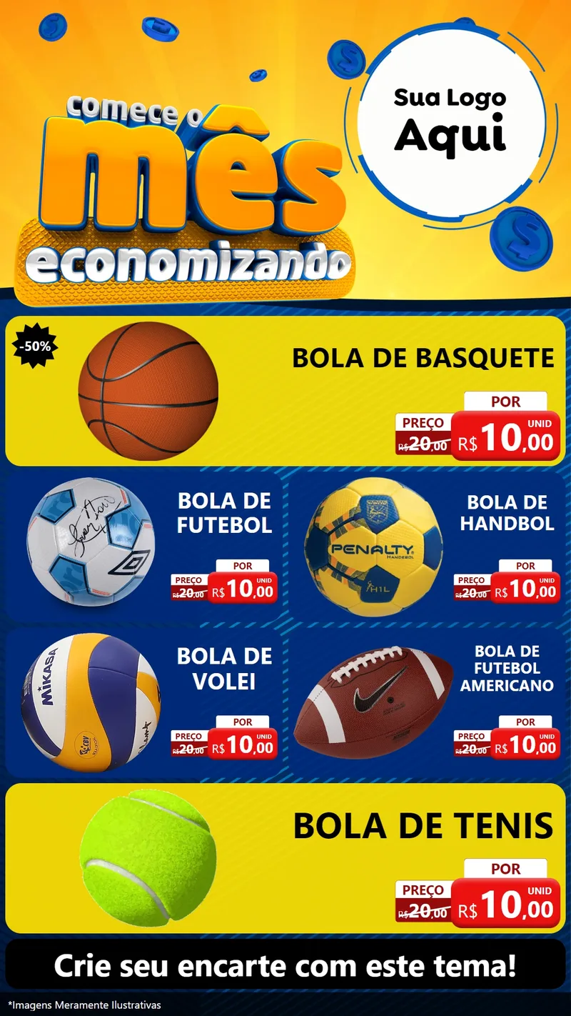 Modelo de TV para TV Vertical com o tema Comece O Mês Economizando para Artigos Esportivos