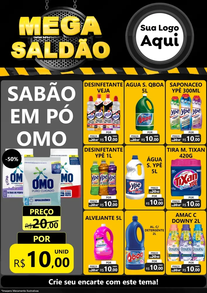 Modelo de Encarte para Encarte A4 Vertical com o tema Mega Saldão para Produtos de Limpeza
