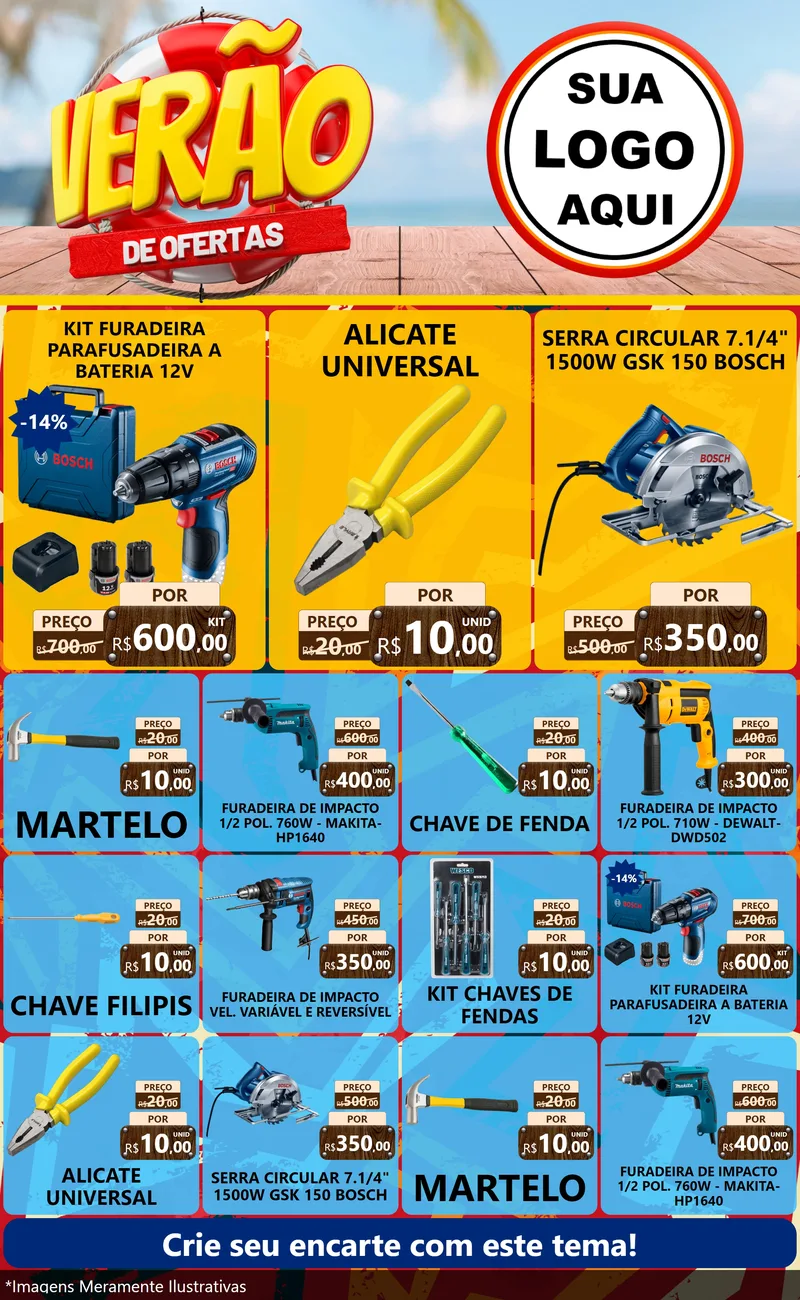 Modelo de Encarte para Encarte Grande com o tema Verão de Ofertas para Maquinas e Ferramentas