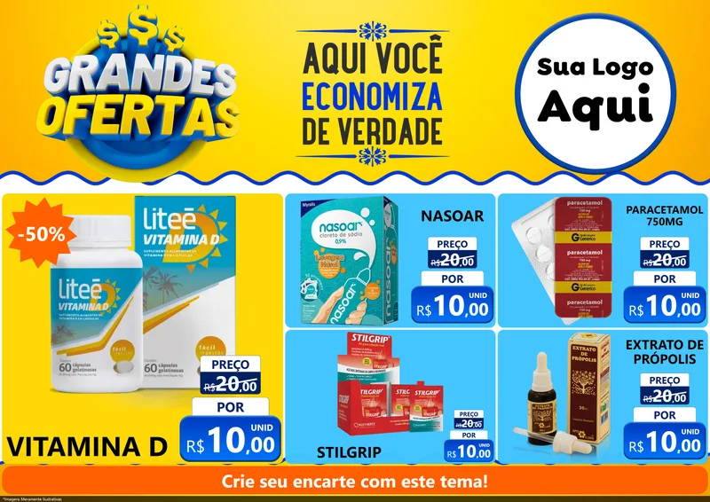 Modelo de Encarte para Encarte A4 Horizontal com o tema Grandes Ofertas para Farmácia