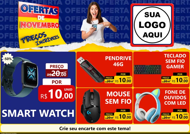 Modelo de Encarte para Encarte A4 Horizontal com o tema Ofertas de Novembro - Preços Incríveis para Informática