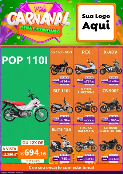 Modelo de Encarte para Encarte A4 Vertical com o tema Pré-Carnaval Com Economia para Concessionaria de Motos