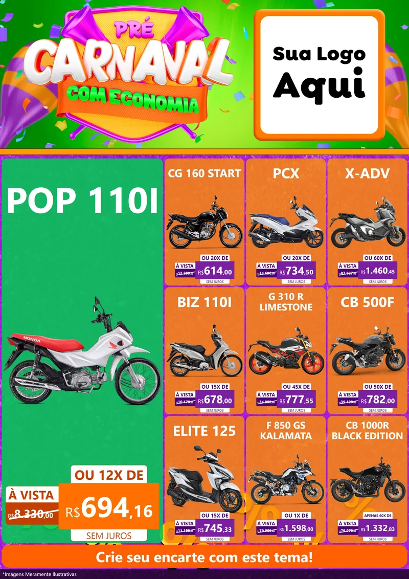 Modelo de Encarte para Encarte A4 Vertical com o tema Pré-Carnaval Com Economia para Concessionaria de Motos