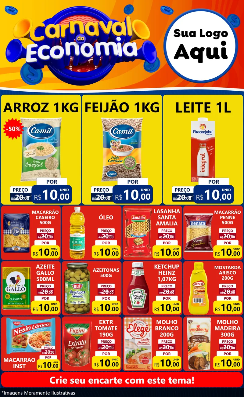 Modelo de Encarte para Encarte Grande com o tema Carnaval da Economia para Supermercado