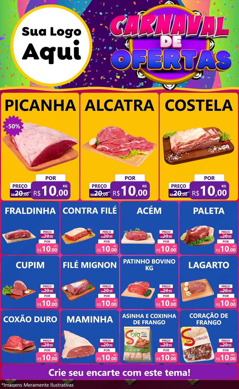 Modelo de Encarte para Encarte Grande com o tema Carnaval de Ofertas para Açougue