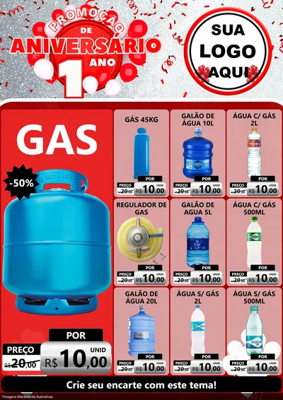 Modelo de Encarte para Encarte A4 Vertical com o tema Promoção de Aniversário - 1 Ano para Água e gás