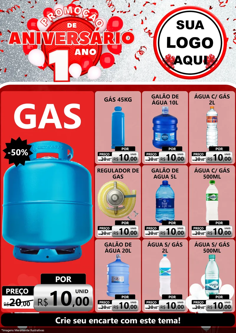Modelo de Encarte para Encarte A4 Vertical com o tema Promoção de Aniversário - 1 Ano para Água e gás