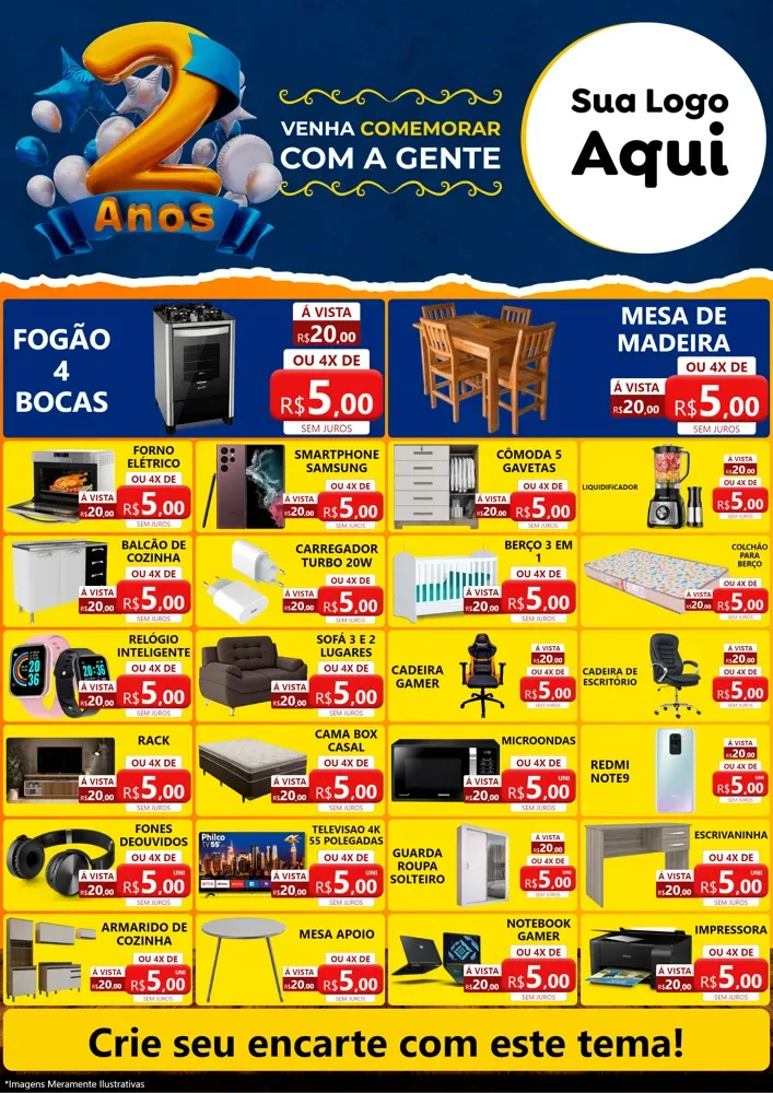 Modelo de Encarte para Encarte A4 Vertical com o tema Aniversário de 2 anos para Móveis e Eletro
