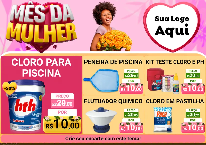 Modelo de Encarte para Encarte A4 Horizontal com o tema Mês da Mulher para Produtos para Piscina
