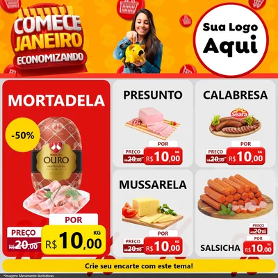 Modelo de Rede Social para Feed Facebook com o tema Comece Janeiro Economizando para Frios e Laticínios