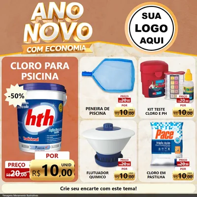 Modelo de Rede Social para Feed Facebook com o tema Ano Novo Com Economia para Produtos para Piscina
