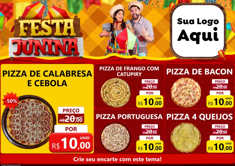 Modelo de Encarte para Encarte A4 Horizontal com o tema Festa Junina para Pizzaria