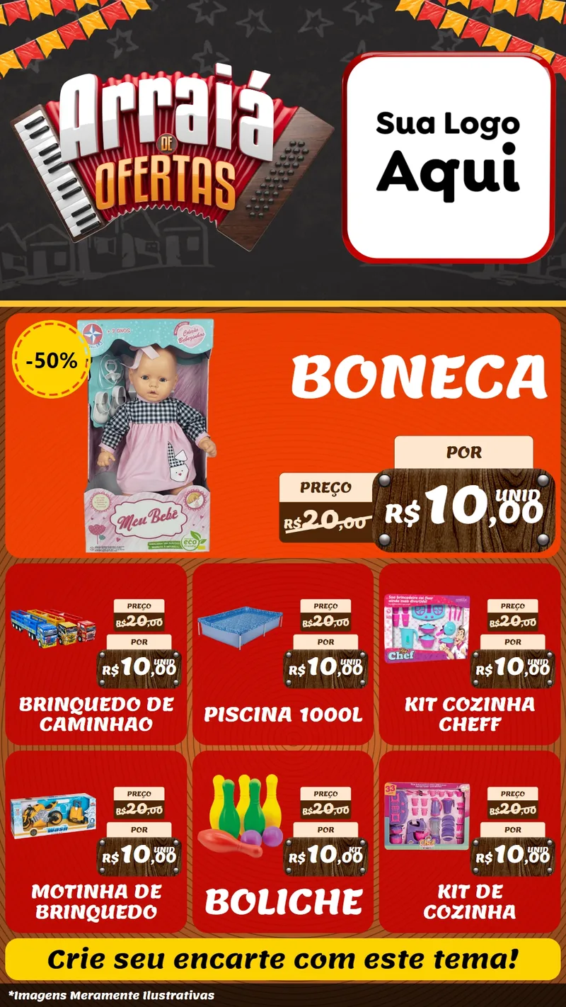 Modelo de Rede Social para Stories com o tema Arraiá de Ofertas - Junina para Brinquedos