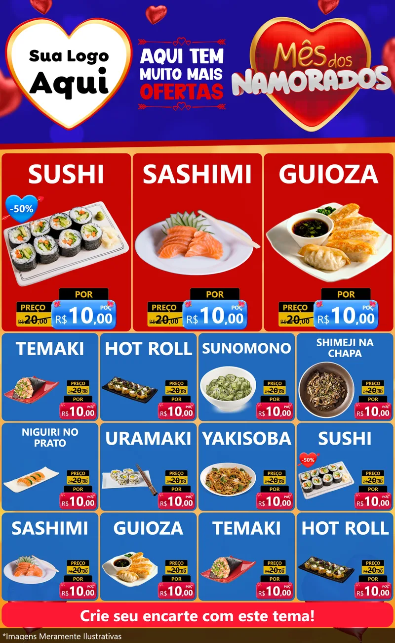 Modelo de Encarte para Encarte Grande com o tema Mês dos Namorados para Comida japonesa