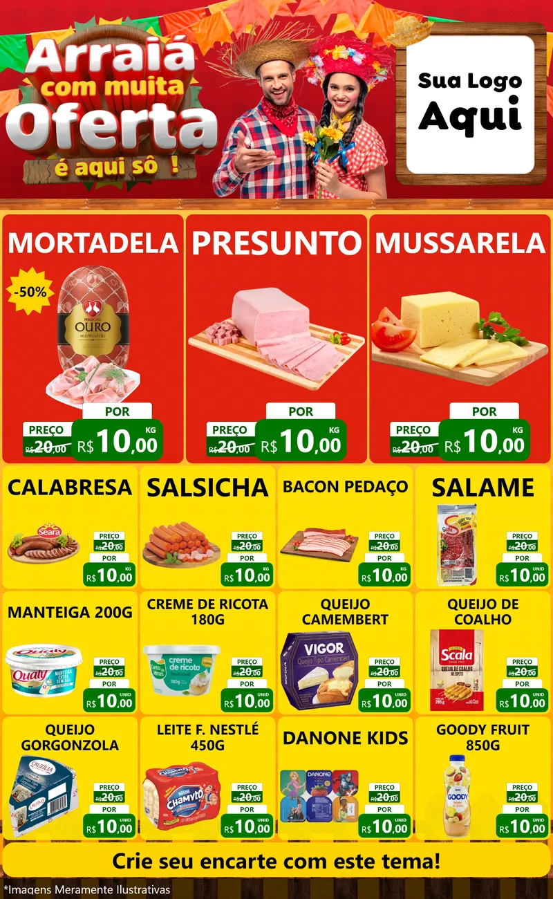 Modelo de Encarte para Encarte Grande com o tema Arraiá Com Muita Oferta - É Aqui Sô! para Frios e Laticínios