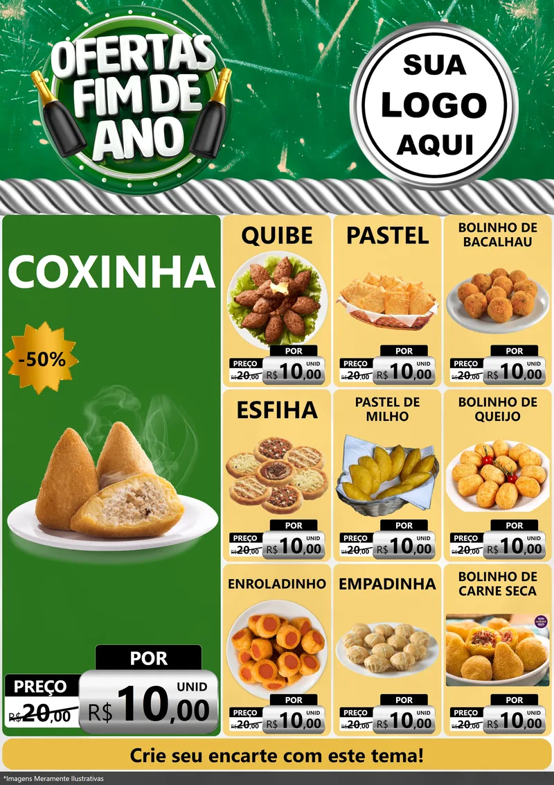 Modelo de Encarte para Encarte A4 Vertical com o tema Ofertas Fim de Ano para Salgadaria