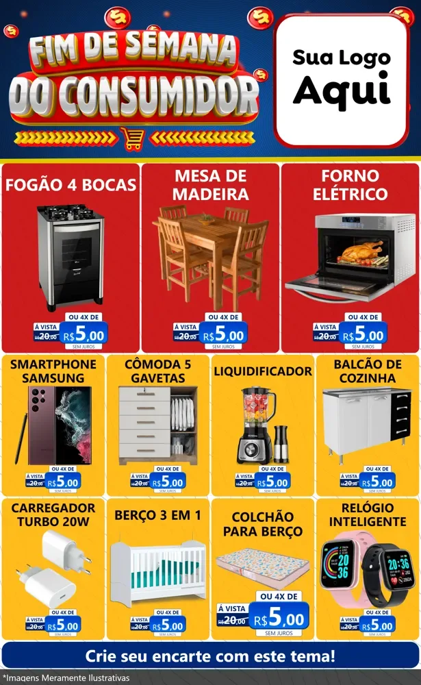 Modelo de Encarte para Encarte Grande com o tema Fim de Semana do Consumidor para Móveis e Eletro