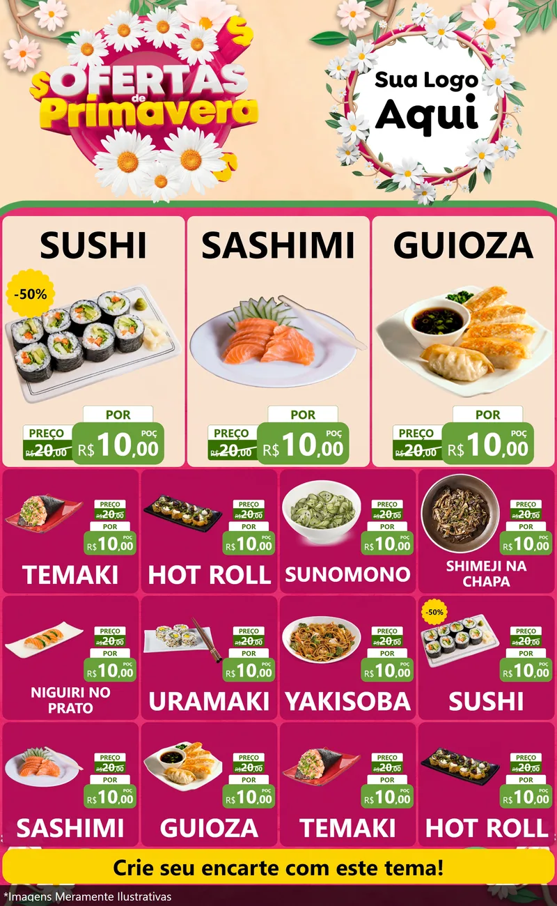 Modelo de Encarte para Encarte Grande com o tema Ofertas de Primavera para Comida japonesa