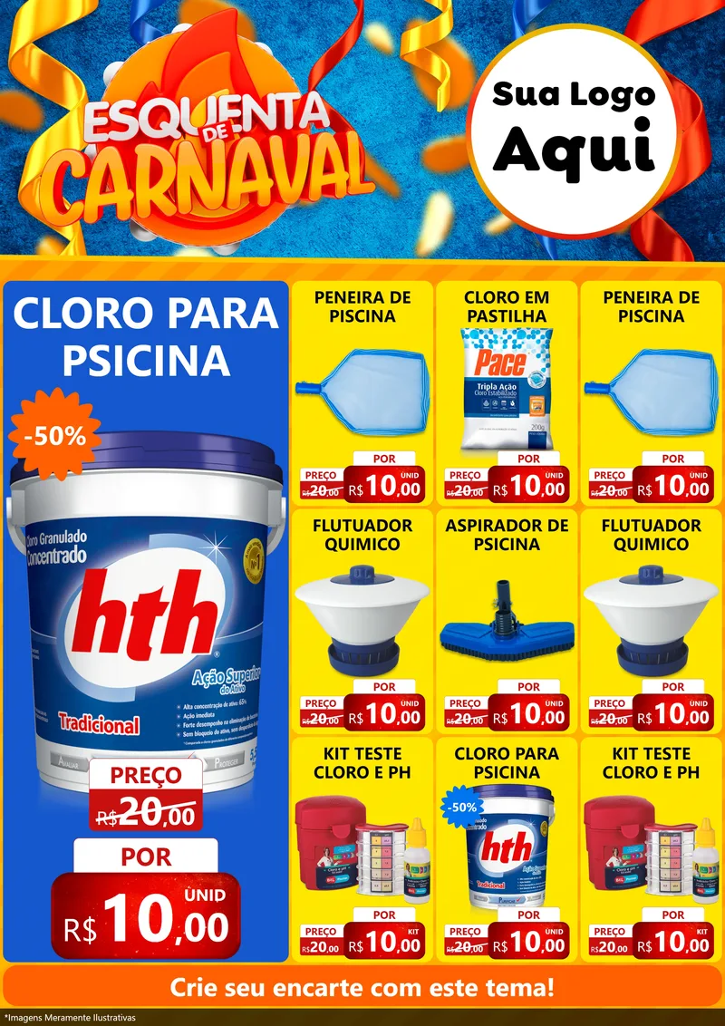 Modelo de Encarte para Encarte A4 Vertical com o tema Esquenta de Carnaval para Produtos para Piscina