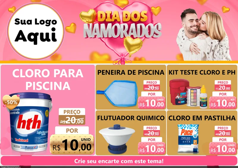 Modelo de Encarte para Encarte A4 Horizontal com o tema Dia dos Namorados para Produtos para Piscina