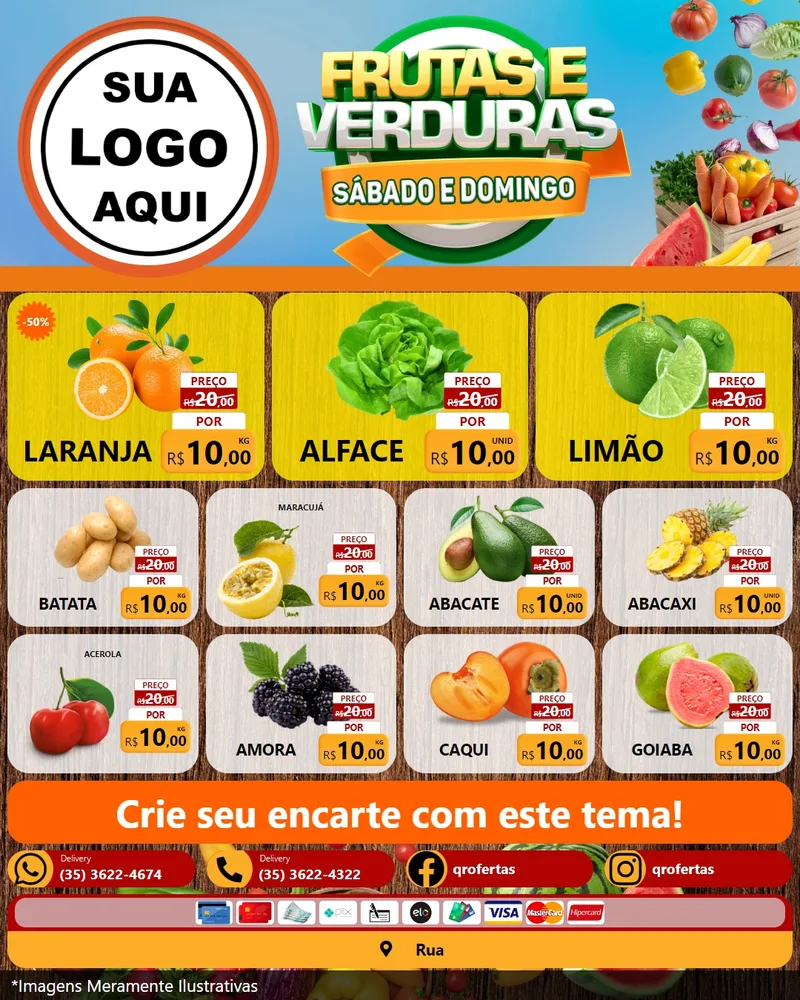 Modelo de Rede Social para Feed Instagram com o tema Frutas e Verduras Sábado e Domingo para Hortifrúti