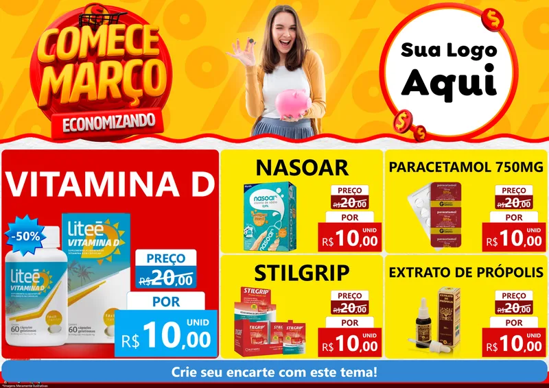 Modelo de Encarte para Encarte A4 Horizontal com o tema Comece Março Economizando para Farmácia