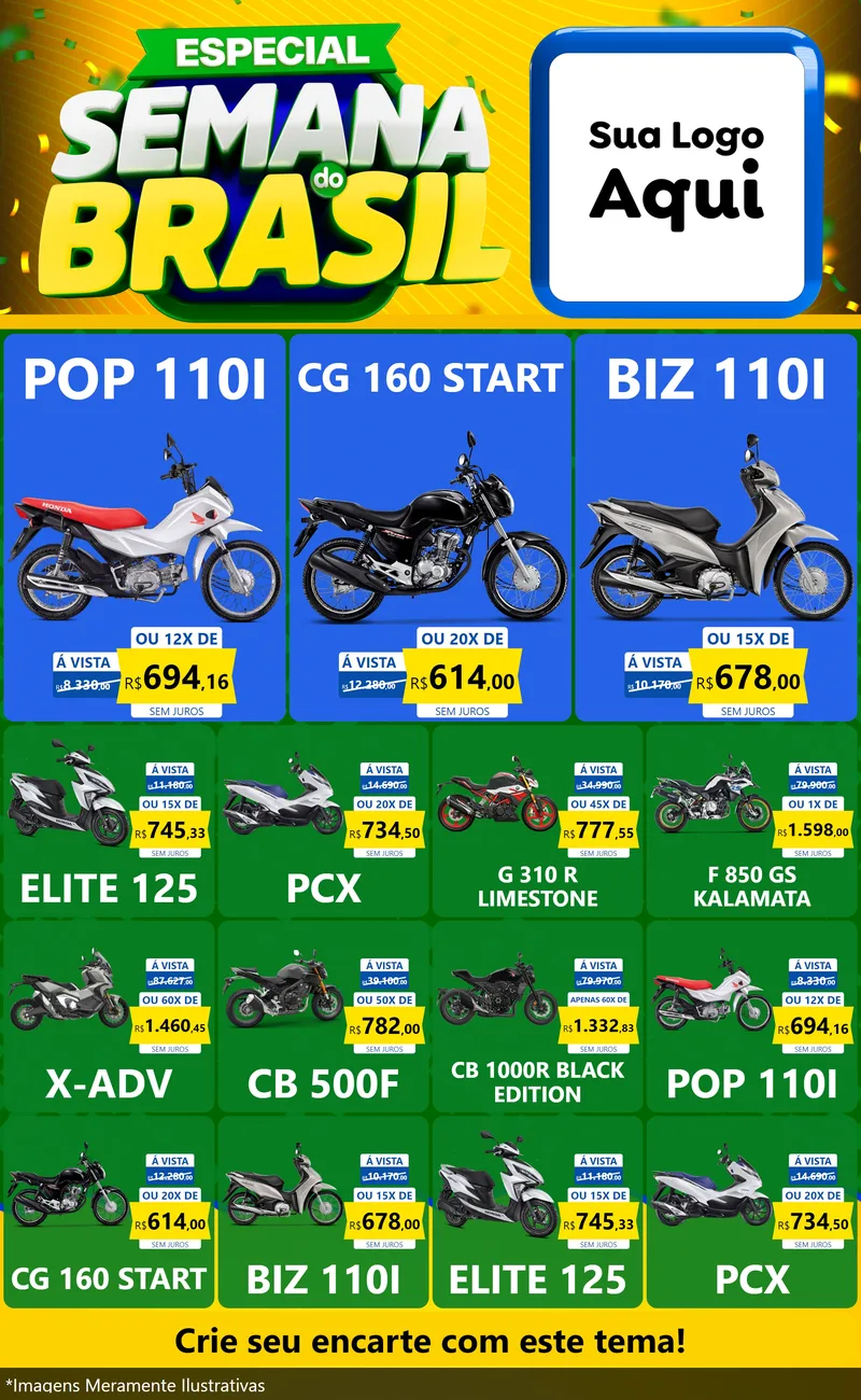 Modelo de Encarte para Encarte Grande com o tema Especial Semana do Brasil para Concessionaria de Motos