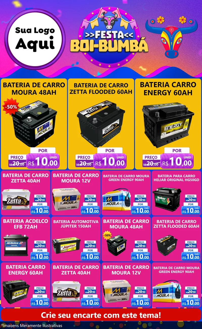 Modelo de Encarte para Encarte Grande com o tema Festa Boi-Bumbá para Baterias Elétricas