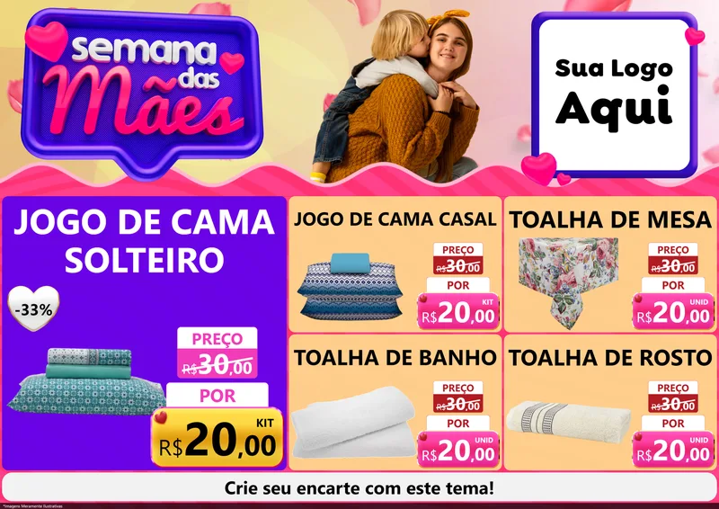 Modelo de Encarte para Encarte A4 Horizontal com o tema Semana das Mães para Cama, Mesa e Banho