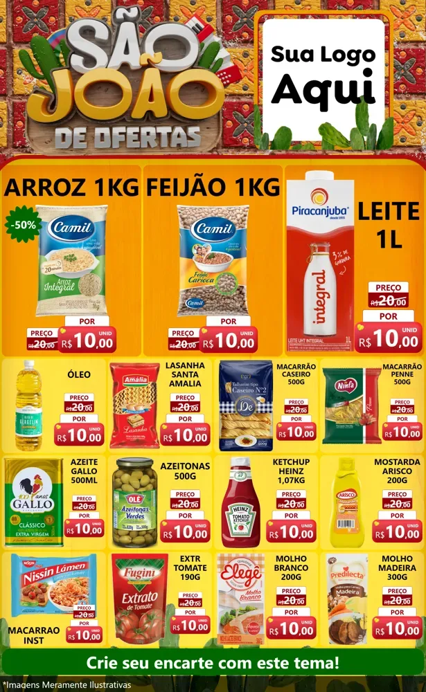Modelo de Encarte para Encarte Grande com o tema São João de Muitas Ofertas - Junina para Supermercado